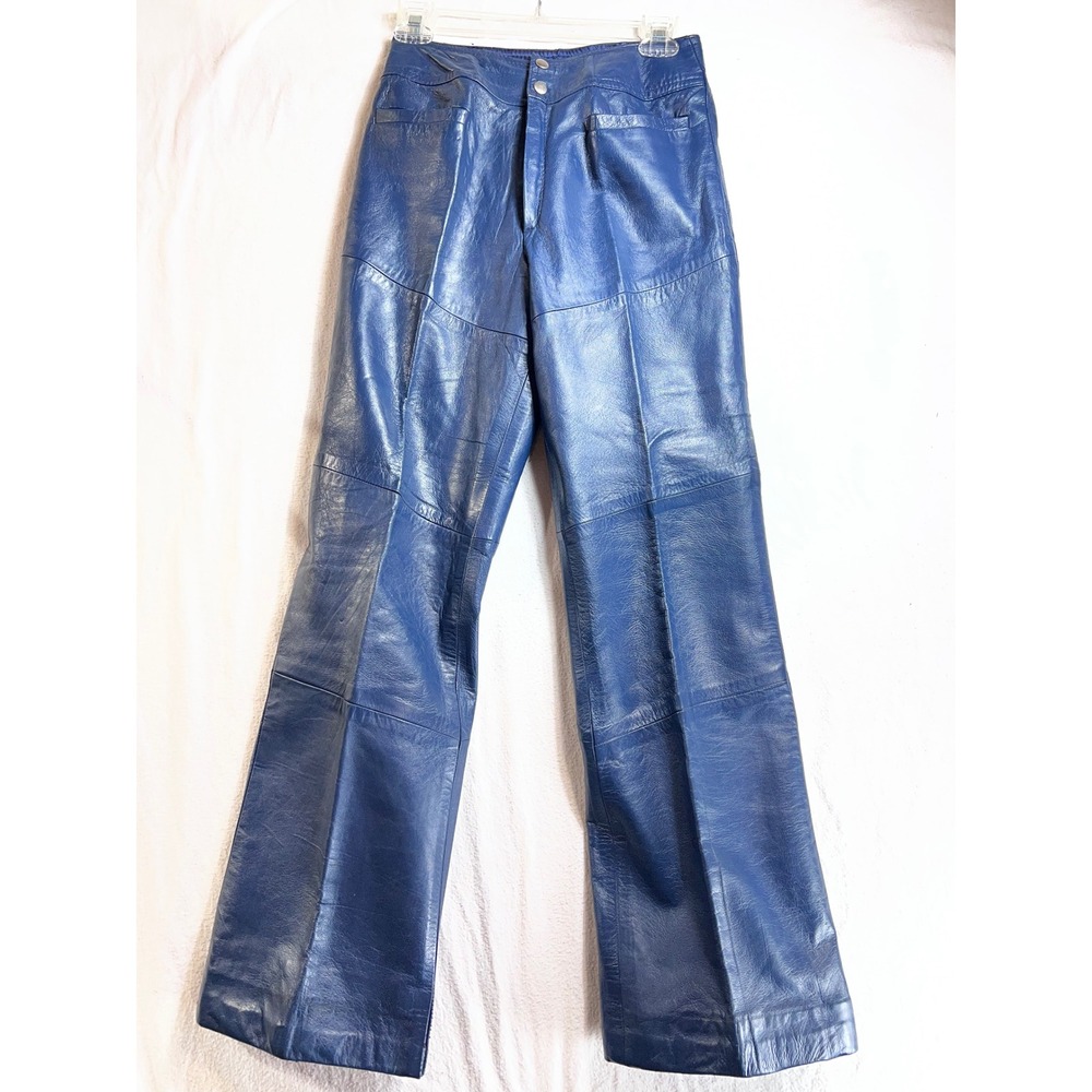 Vintage Blue Patchwork Leather Pants High Waisted Wide Leg Size 9 27 Waist